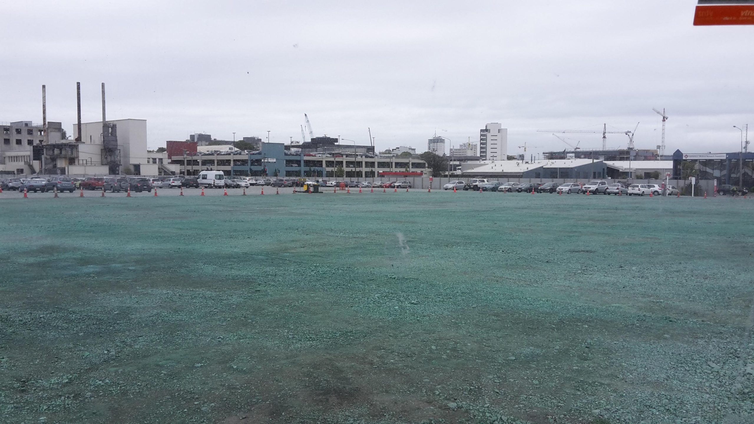 A large ex-demolition site that has been effectively stabilised to prevent offensive dust discharges during strong winds.