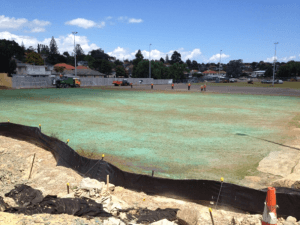 Sports-field being hydroseeded. Sediment control remains installed until an 80% grass strike has established (Source: SouthernSkies).