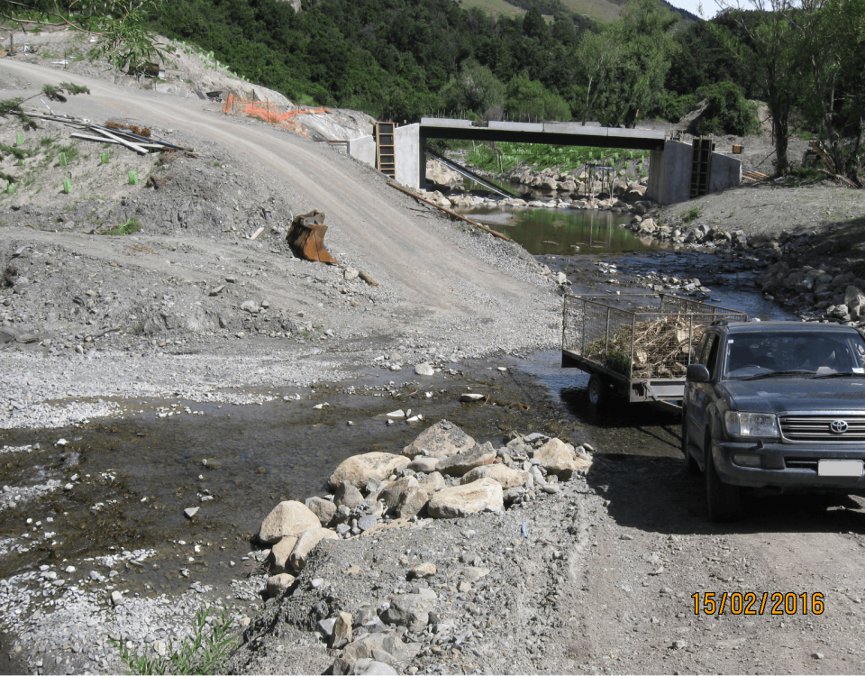 Construction of the bridge used a diversion of the river to isolate the bridge works area from flowing water.